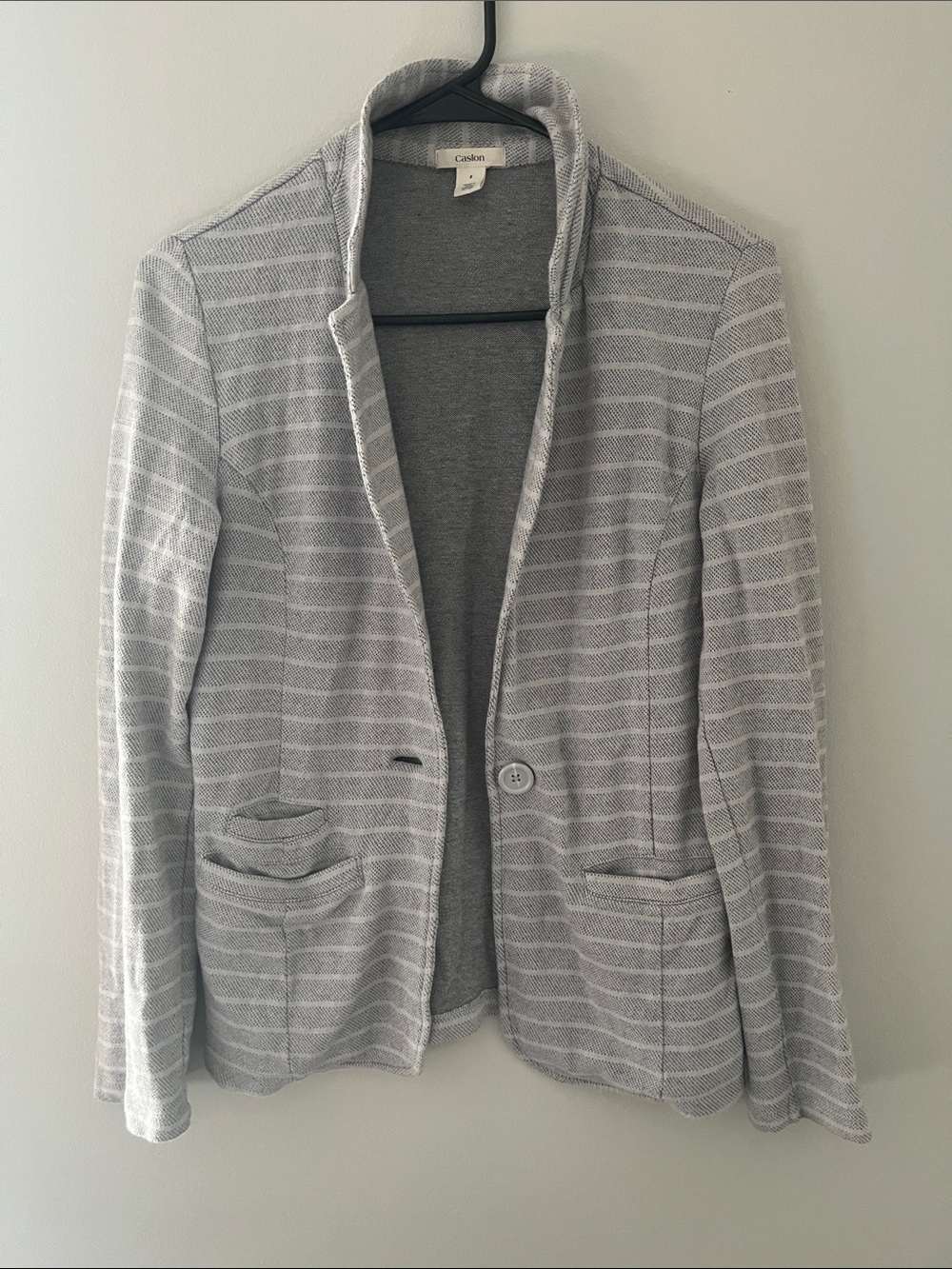 Caslon Striped Knit Blazer Women Size S Light Gray White Long Sleeve